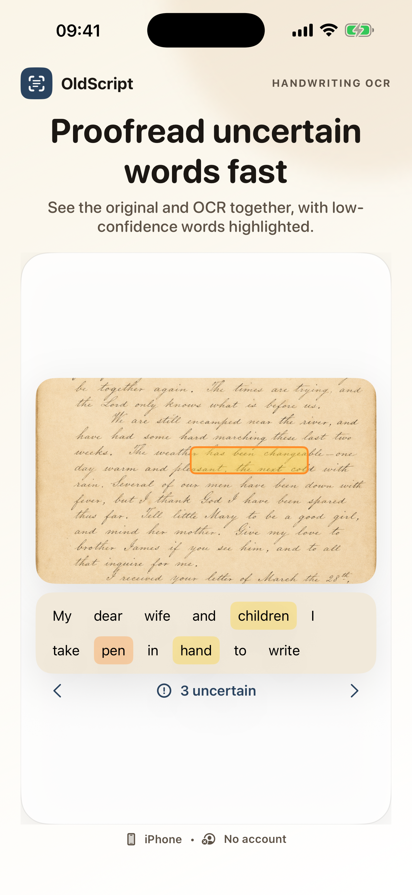 OldScript highlights low-confidence words for proofreading